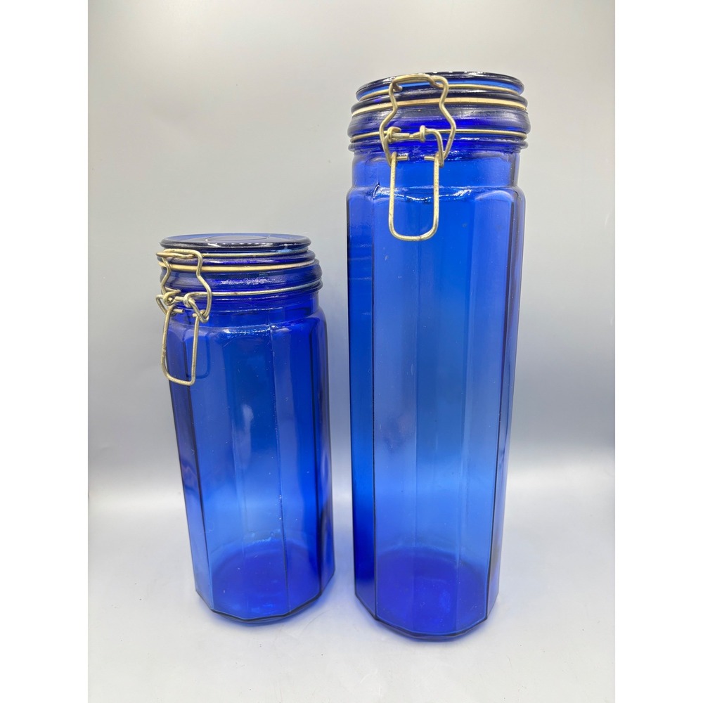 Vintage Cobalt Blue‎ Glass Canister Set Wire Bale Clamp Lid 2pc